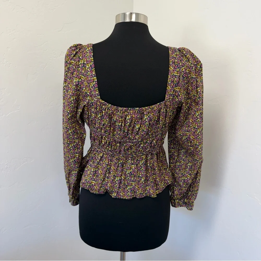J. Crew Liberty Busy Izzy print Cinched-waist Smocked Square-Neck Blouse Size 14 - Picture 9 of 13
